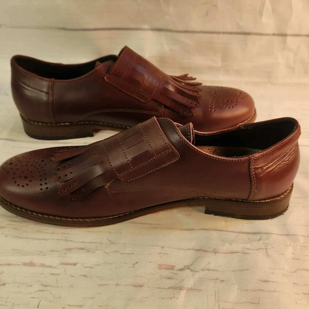 Burgundy Leather Monk Strap Loafer Shoe with Fringe and Brogue‎ Detail Men 40 eu